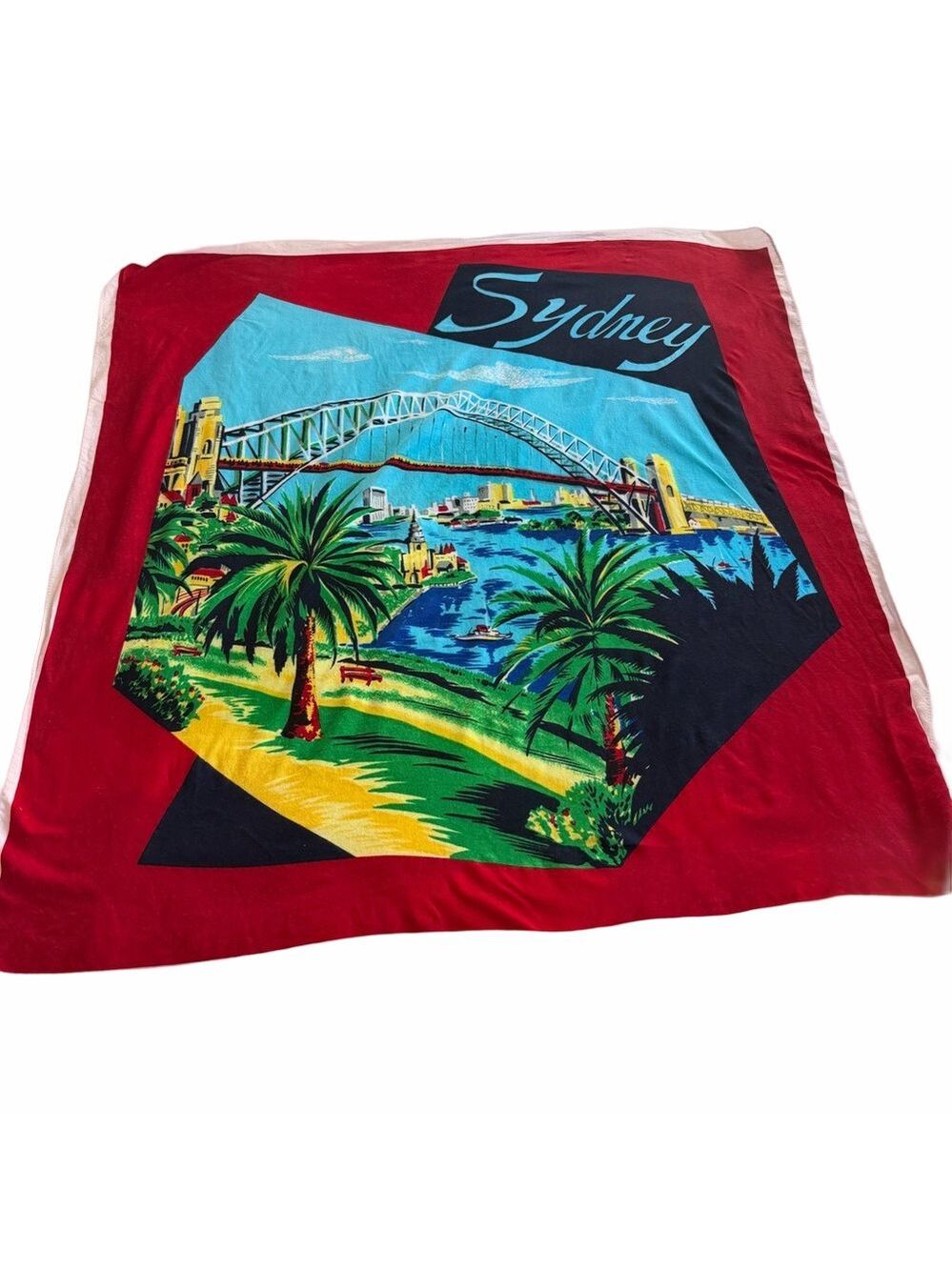 Vintage Sydney Harbour Bridge Souvenir Scarf / Tea Towel Red Border